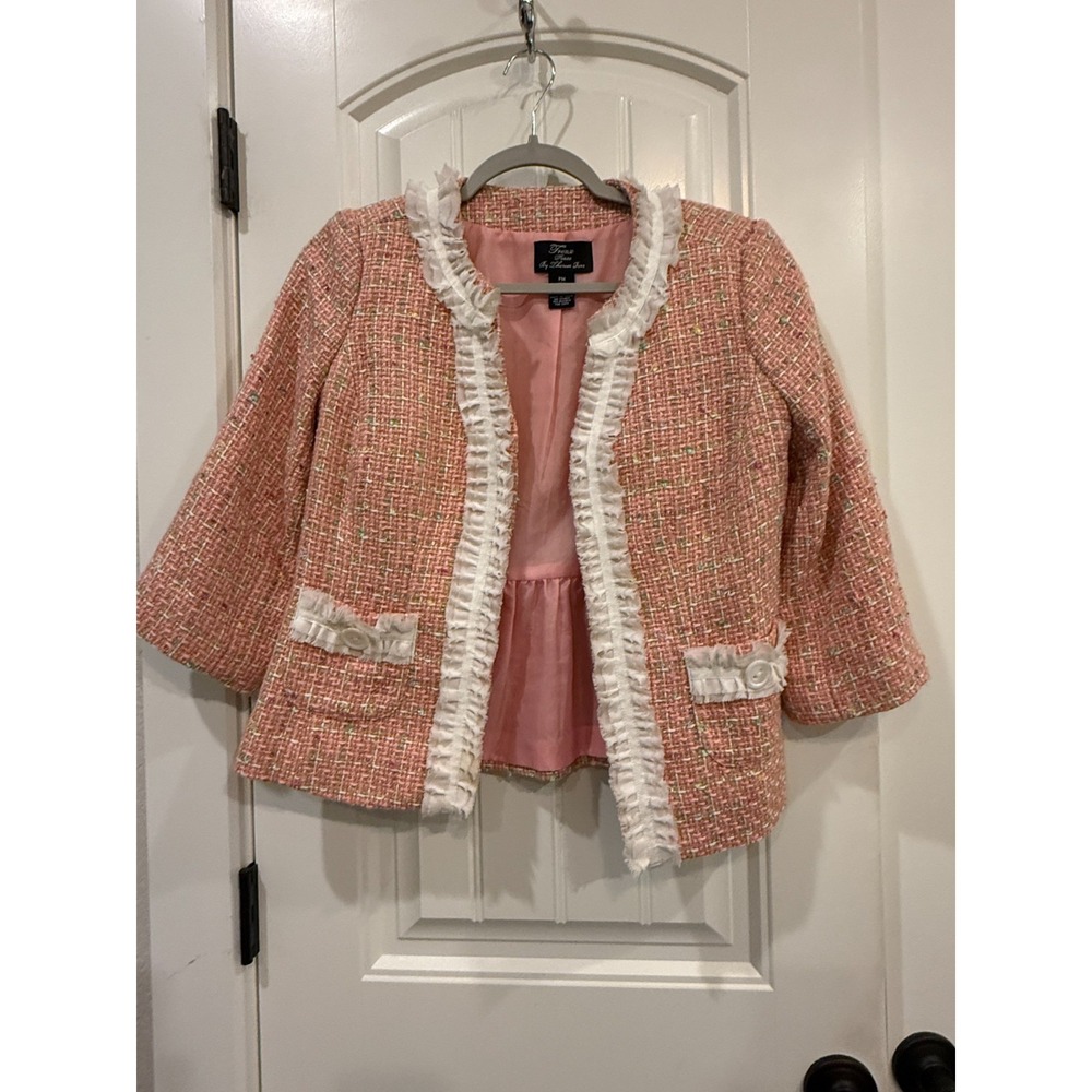 Trenz Petite X Theresa Renz Pink‎ Tweed Blazer PM Ruffle Old Money Academia